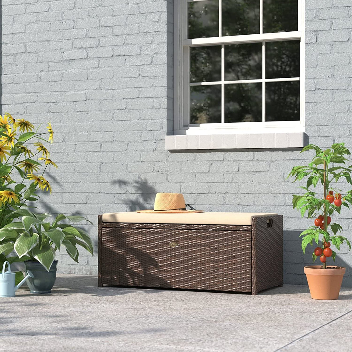 Barton Rattan Style Outdoor Storage Bench, 60-Gallon, Brown - With Seat Cushion