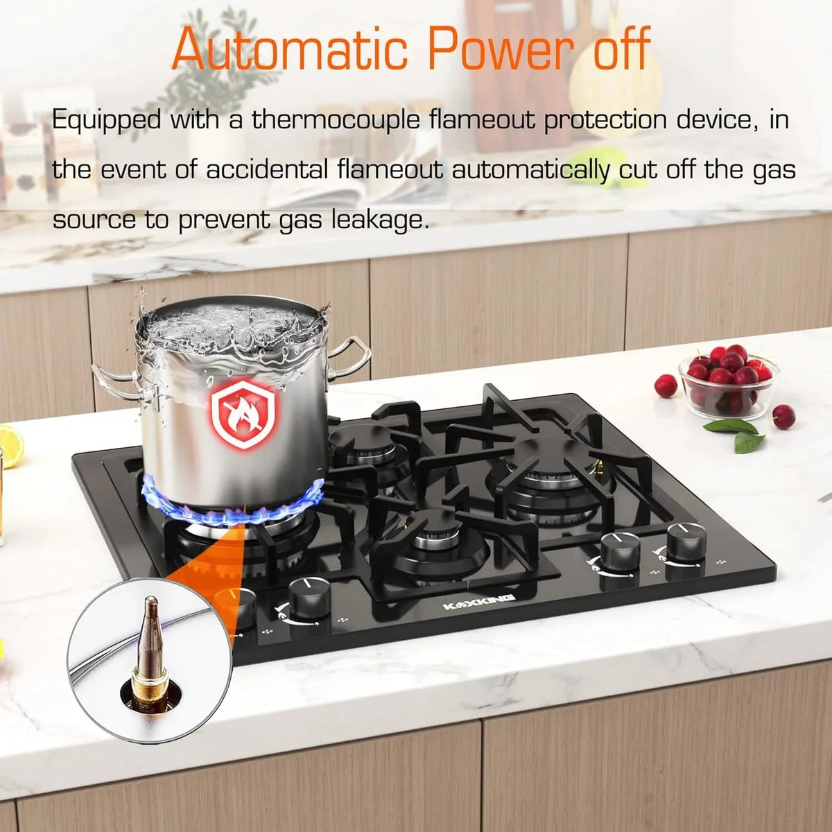 KOXKING 24 Inch Black Built-In Gas Cooktop, 4 Burner, Natural Gas & Propane