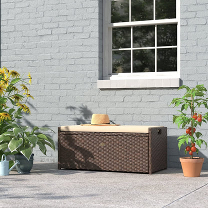 Barton Rattan Style Outdoor Storage Bench, 60-Gallon, Brown - With Seat Cushion