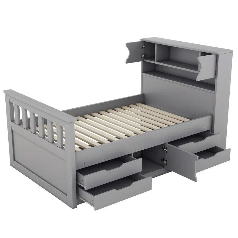 Twin/Full Captain Platform Bed With 4 Drawers And Storage Bookcase Headboard