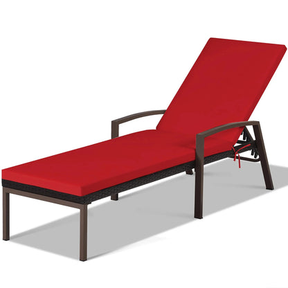 Costway 2 PCS Patio Rattan Chaise Lounge Chairs With Adjustable Backrest And Cushions - Red