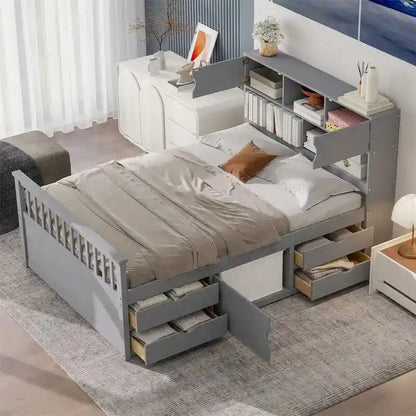 Twin/Full Captain Platform Bed With 4 Drawers And Storage Bookcase Headboard