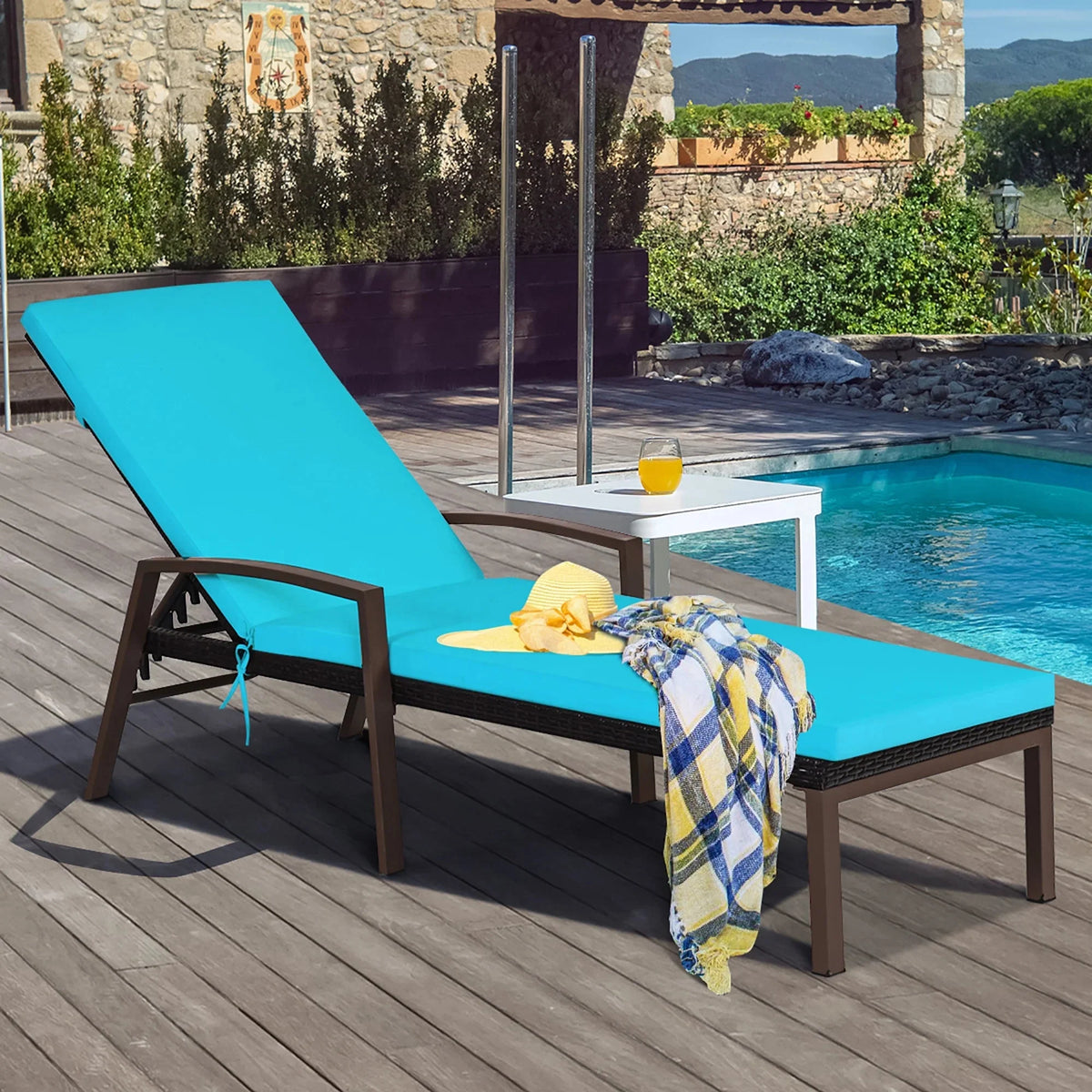Costway 2 PCS Patio Rattan Chaise Lounge Chairs With Adjustable Backrest And Cushions - Red