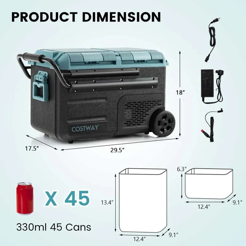 40-Quart Dual-Zone Portable Car Refrigerator Cooler Freezer With Wheels