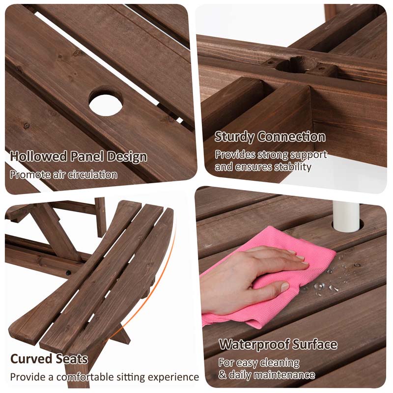 8-Person Outdoor Fir Wood Round Picnic Table Set With 4 Benches And Umbrella Hole - 70.5 x 70.5 x 27.5 in