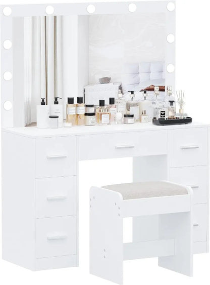 Vanity Desk Set With 11 LED Lighted Mirror, Stool, 3 Color Lighting, White, 15.7 inch, 43.3 inch, 53.1 inch
