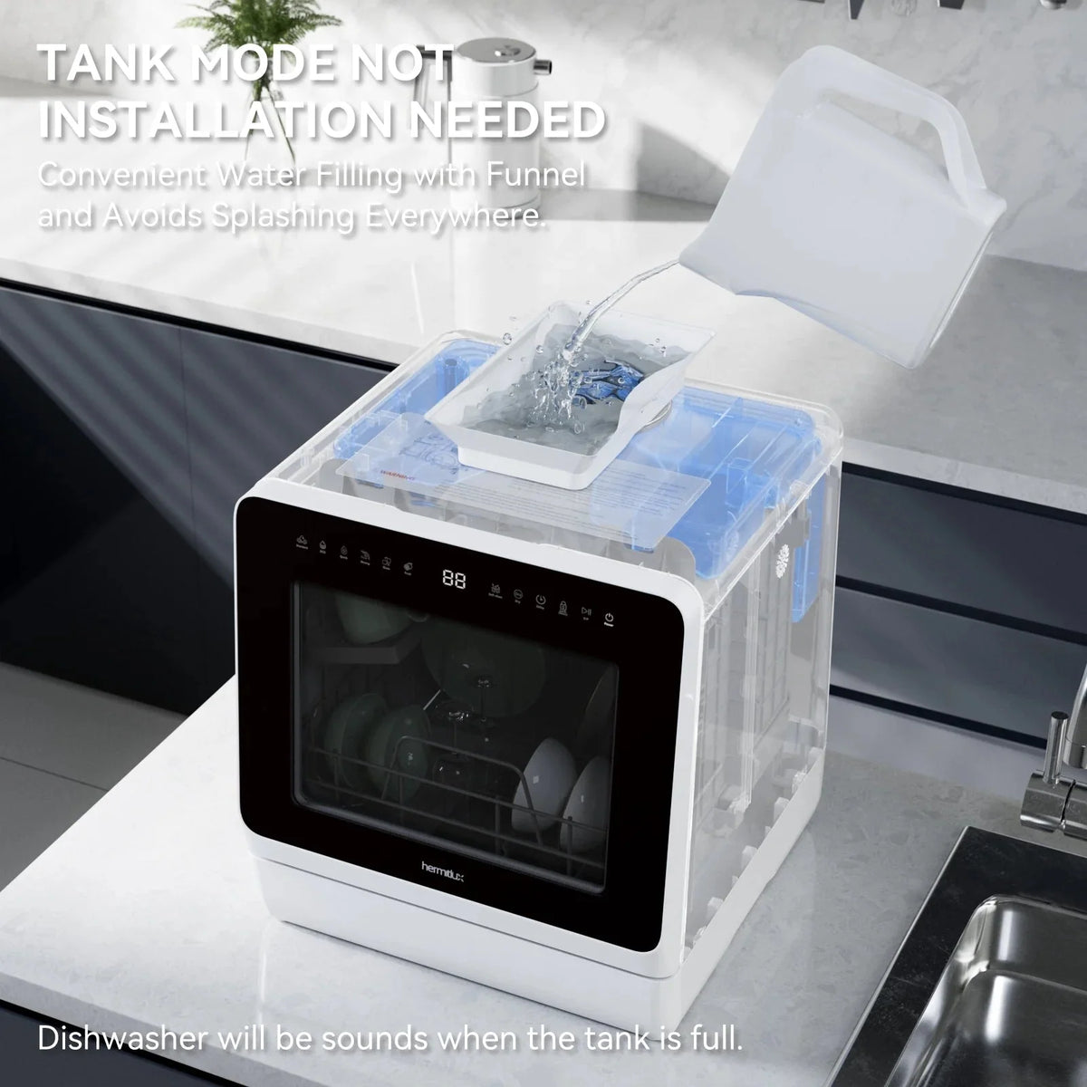 Hermitlux Portable Countertop Dishwasher, 5L Built-In Water Tank, 4 Place Settings - HMX-DW03