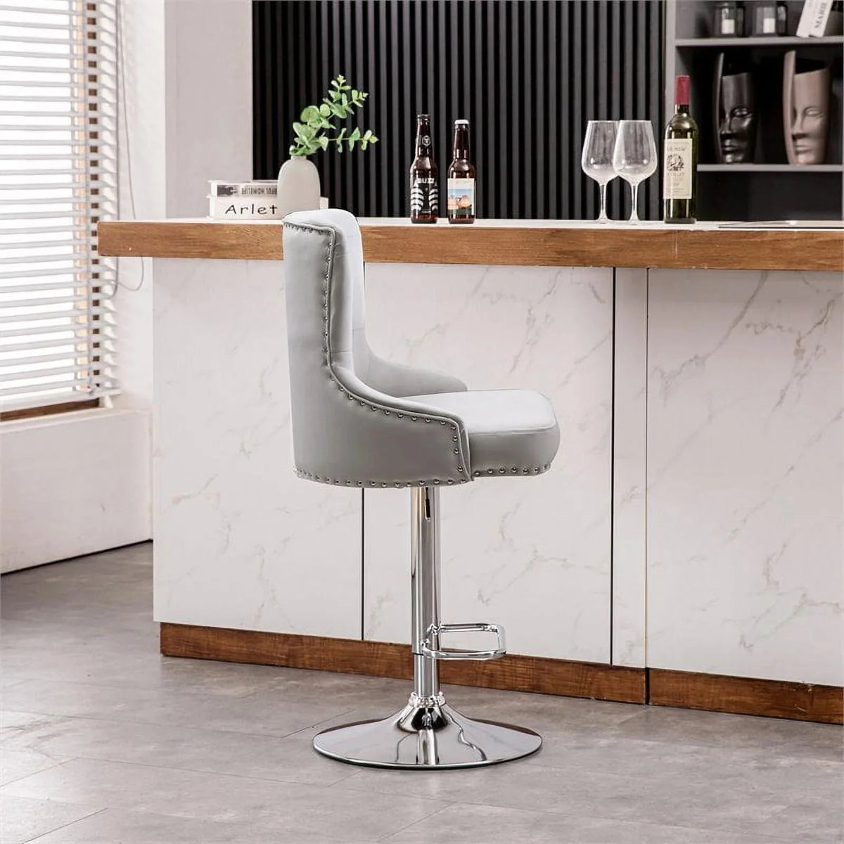Alexent 2-Piece Swivel Bar Stools, Dark Blue, 43.7-51.6 H, 19.3 W x 18.1 D - Silver Footrest