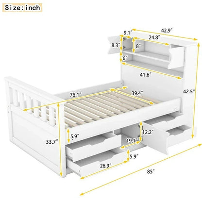 Twin/Full Captain Platform Bed With 4 Drawers And Storage Bookcase Headboard