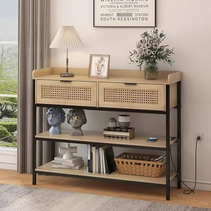 AYFDEGT Entryway Table With 2 Drawers, Outlets, USB Ports, Shelves & LED Lights - Black