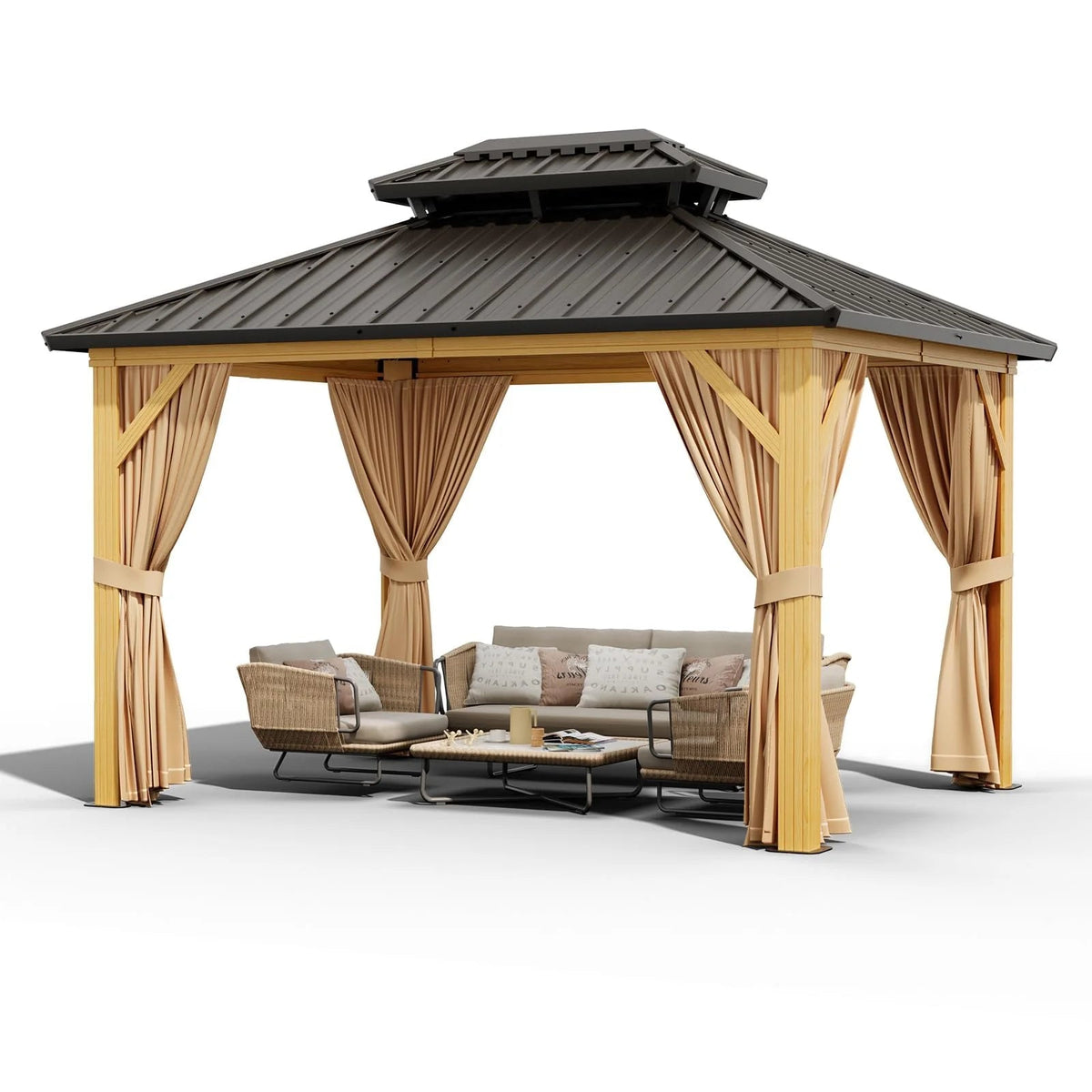 10X13 FT Outdoor Galvanised Steel Hardtop Gazebo With Netting And Sunshade Curtains, Khaki