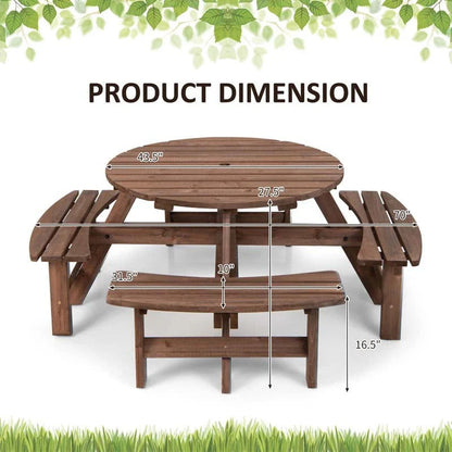 8-Person Outdoor Fir Wood Round Picnic Table Set With 4 Benches And Umbrella Hole - 70.5 x 70.5 x 27.5 in