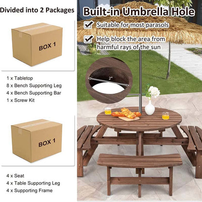 8-Person Outdoor Fir Wood Round Picnic Table Set With 4 Benches And Umbrella Hole - 70.5 x 70.5 x 27.5 in
