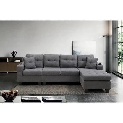 Contemporary L-Shaped Sectional Sofa With Cup Holders, Storage Chaise, Grey Or Black