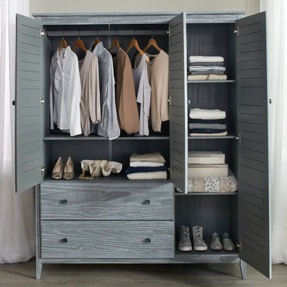 Solid Pine Wood Armoire, 3 Doors, 2 Drawers, 5 Shelves, 73.75 in H x 59.5 in W x 21.5 in D