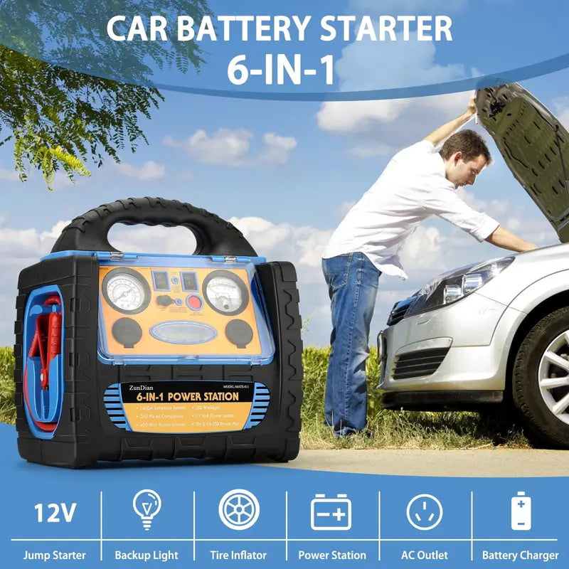 ZunDian 1400 Amp Battery Jump Starter With Air Compressor, 110V 400W Inverter - ZUNDIAN