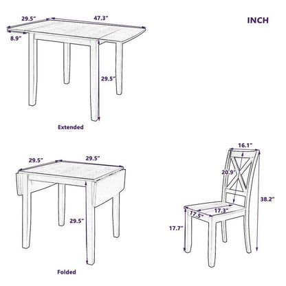 3-Piece Wood Drop Leaf Dining Table Set With 2 X-Back Chairs - 47.3x29.5x29.5inch