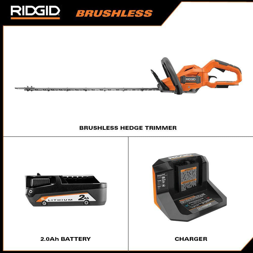 RIDGID 18V Brushless Cordless 22 in Hedge Trimmer Kit With 2.0 Ah Battery And Charger - R01401K