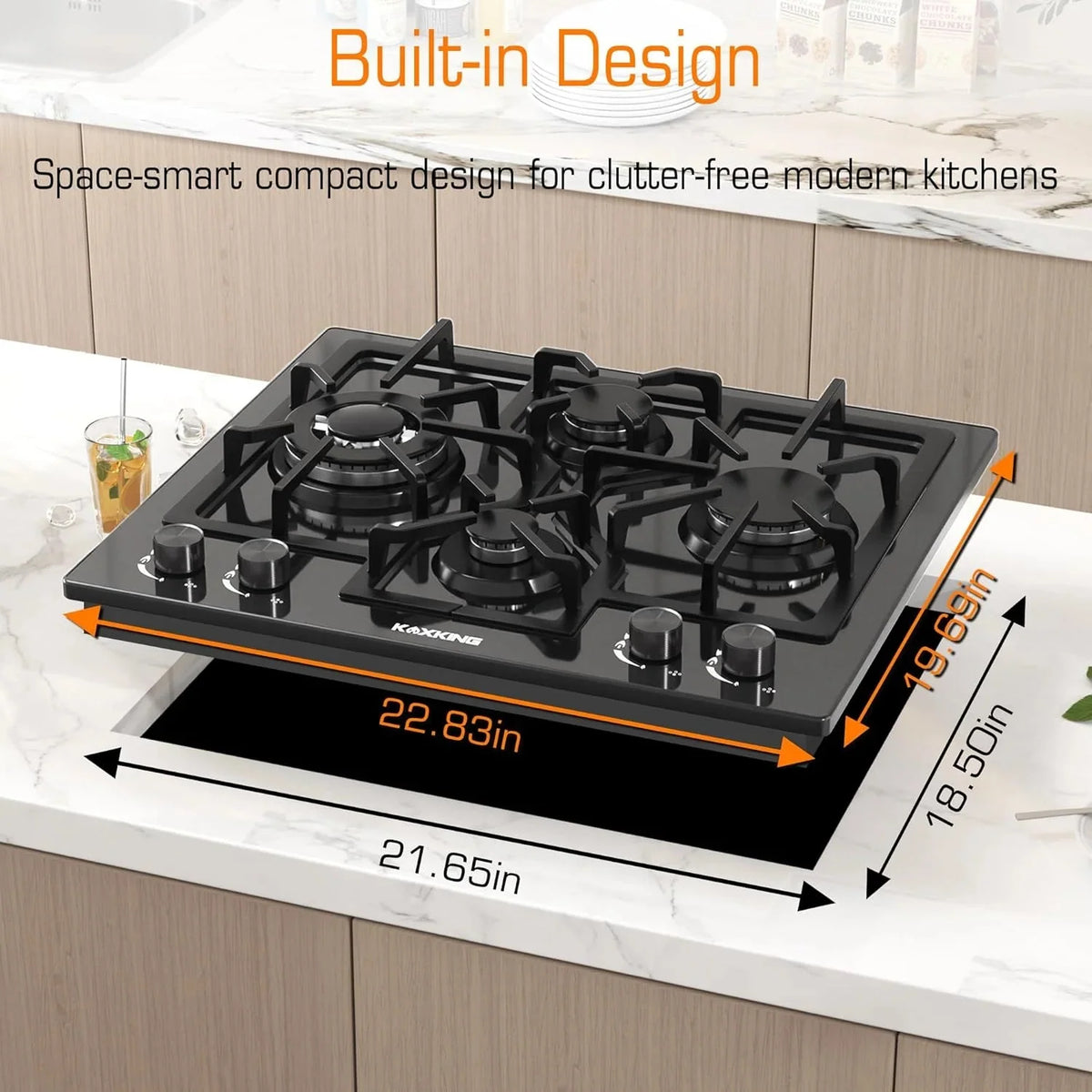 KOXKING 24 Inch Black Built-In Gas Cooktop, 4 Burner, Natural Gas & Propane
