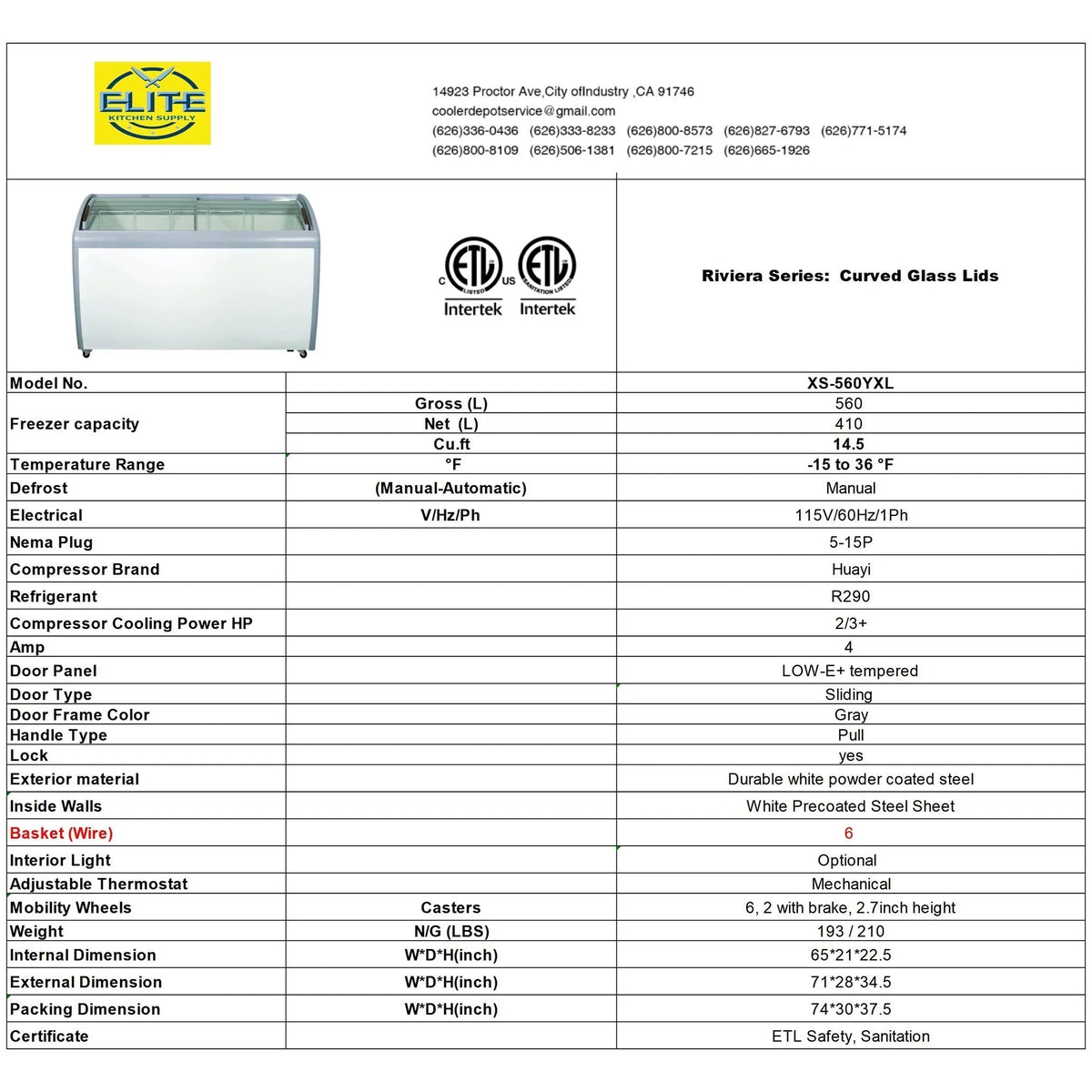 Commercial Chest Freezer, 14.5 Cu. Ft., 72 in Curved Glass Lid