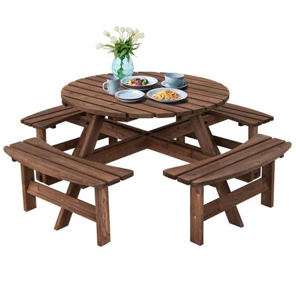 8-Person Outdoor Fir Wood Round Picnic Table Set With 4 Benches And Umbrella Hole - 70.5 x 70.5 x 27.5 in