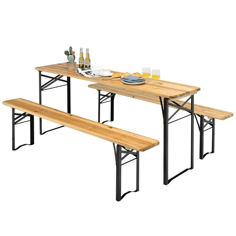 3-Piece Folding Picnic Table Bench Set, 70in Wooden Top - Black