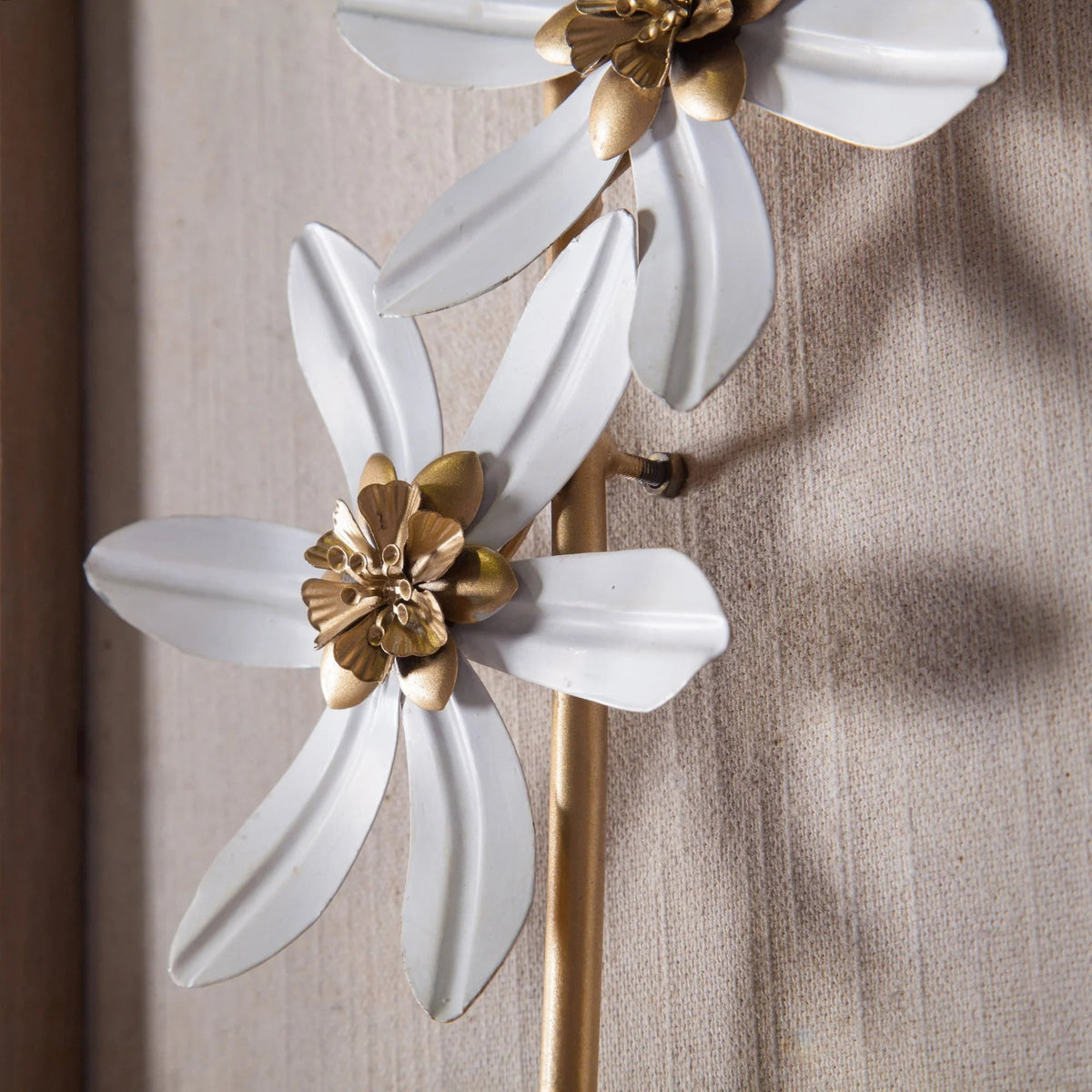 Metal Flower Wall Decor With Wood Frames, White And Gold, Set Of 2 - 23.6in H x 11.81in W x 1.2in D