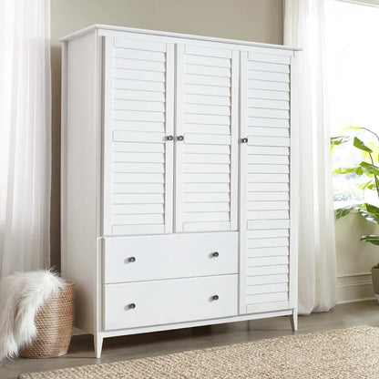 Solid Pine Wood Armoire, 3 Doors, 2 Drawers, 5 Shelves, 73.75 in H x 59.5 in W x 21.5 in D