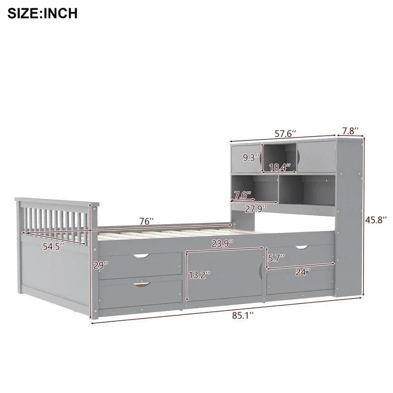 Twin/Full Captain Platform Bed With 4 Drawers And Storage Bookcase Headboard
