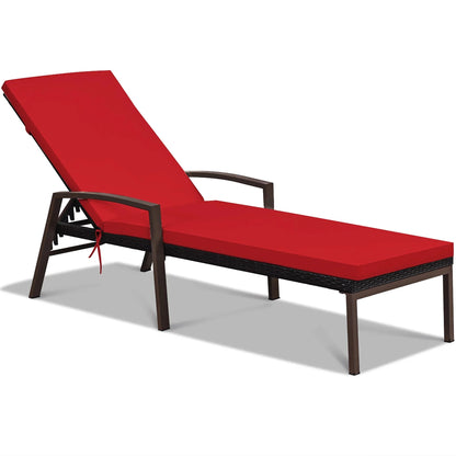 Costway 2 PCS Patio Rattan Chaise Lounge Chairs With Adjustable Backrest And Cushions - Red