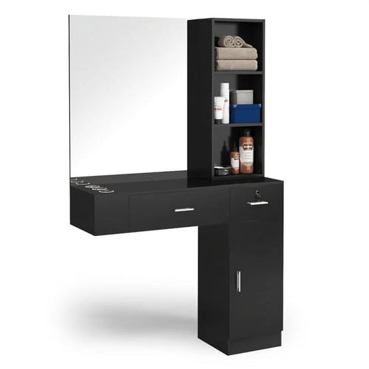 OmySalon Wall Mount Salon Station With Mirror, 1 Storage Cabinet, 2 Drawers And 3-Tier Shelf - Black
