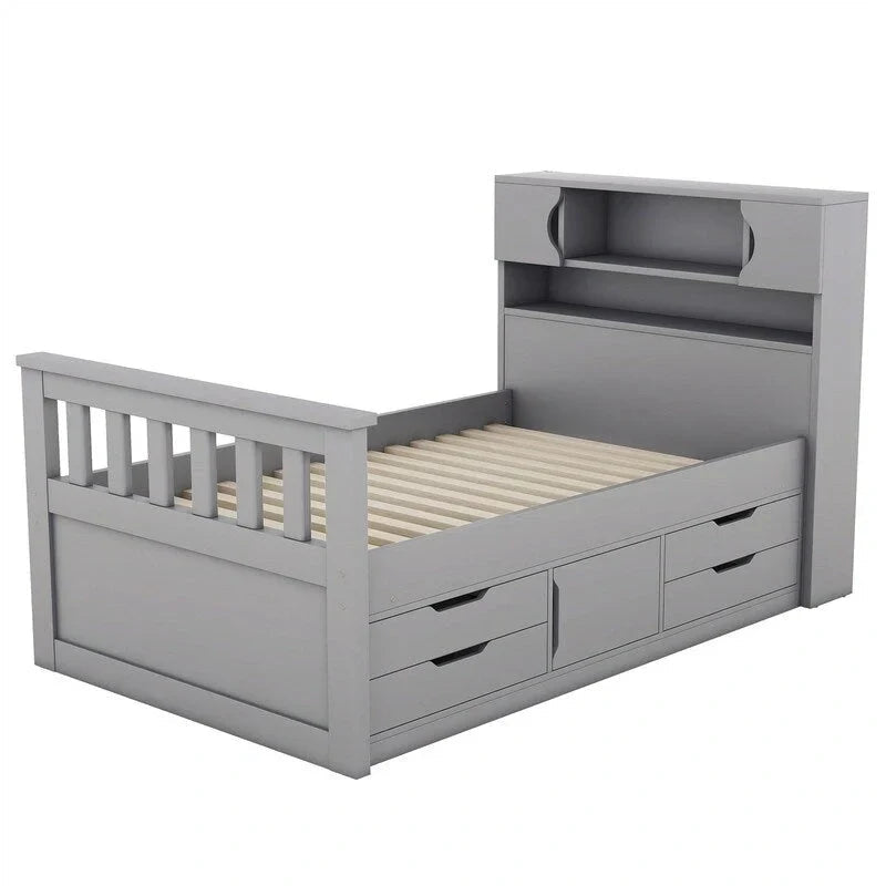 Twin/Full Captain Platform Bed With 4 Drawers And Storage Bookcase Headboard