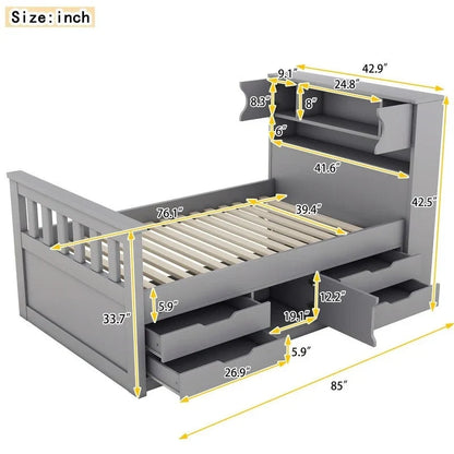 Twin/Full Captain Platform Bed With 4 Drawers And Storage Bookcase Headboard