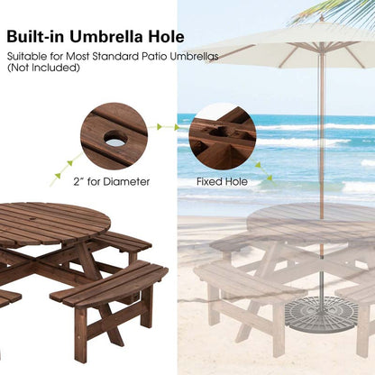 8-Person Outdoor Fir Wood Round Picnic Table Set With 4 Benches And Umbrella Hole - 70.5 x 70.5 x 27.5 in
