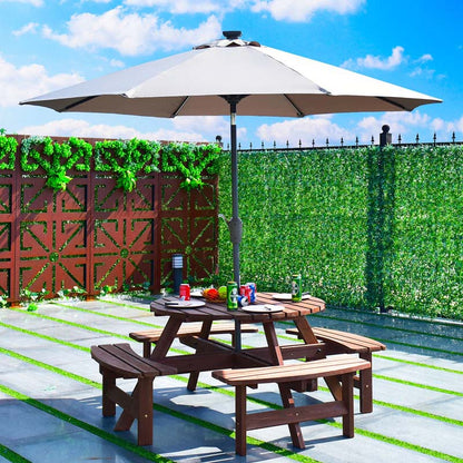 8-Person Outdoor Fir Wood Round Picnic Table Set With 4 Benches And Umbrella Hole - 70.5 x 70.5 x 27.5 in