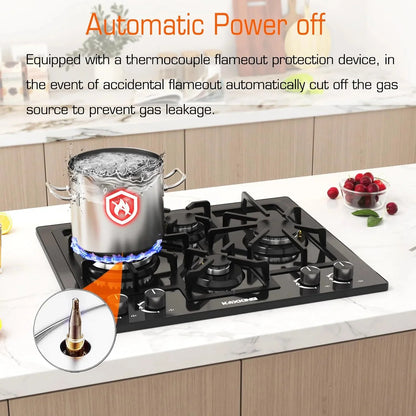 KOXKING 24 Inch Black Built-In Gas Cooktop, 4 Burner, Natural Gas & Propane