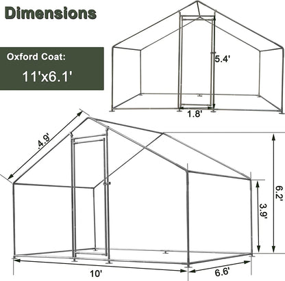 Metal Walk-In Chicken Run Cage With Cover, 10'L X 6.6'W X 6.56'H