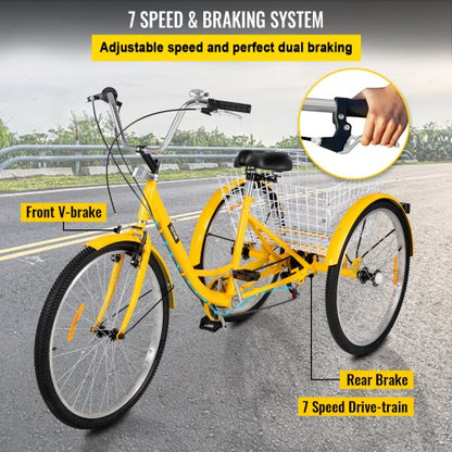 Adult Tricycle 26 in 7 Speed 3 Wheel Bike With Basket - Yellow