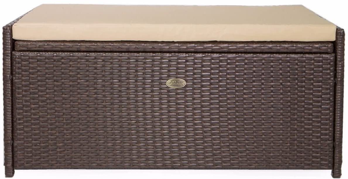 Barton Rattan Style Outdoor Storage Bench, 60-Gallon, Brown - With Seat Cushion