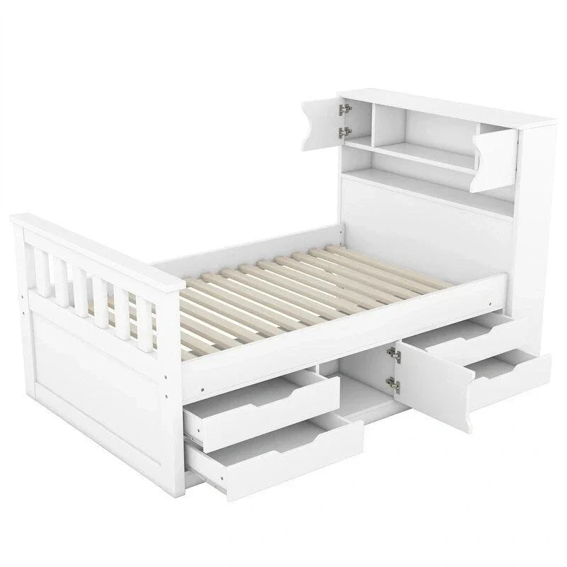 Twin/Full Captain Platform Bed With 4 Drawers And Storage Bookcase Headboard