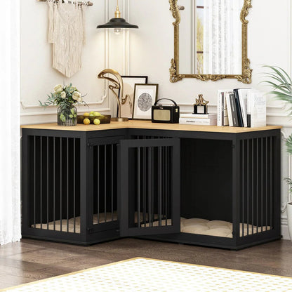 L Shape Corner Dog Crate Furniture For 2 Dogs, 58.7X41.1