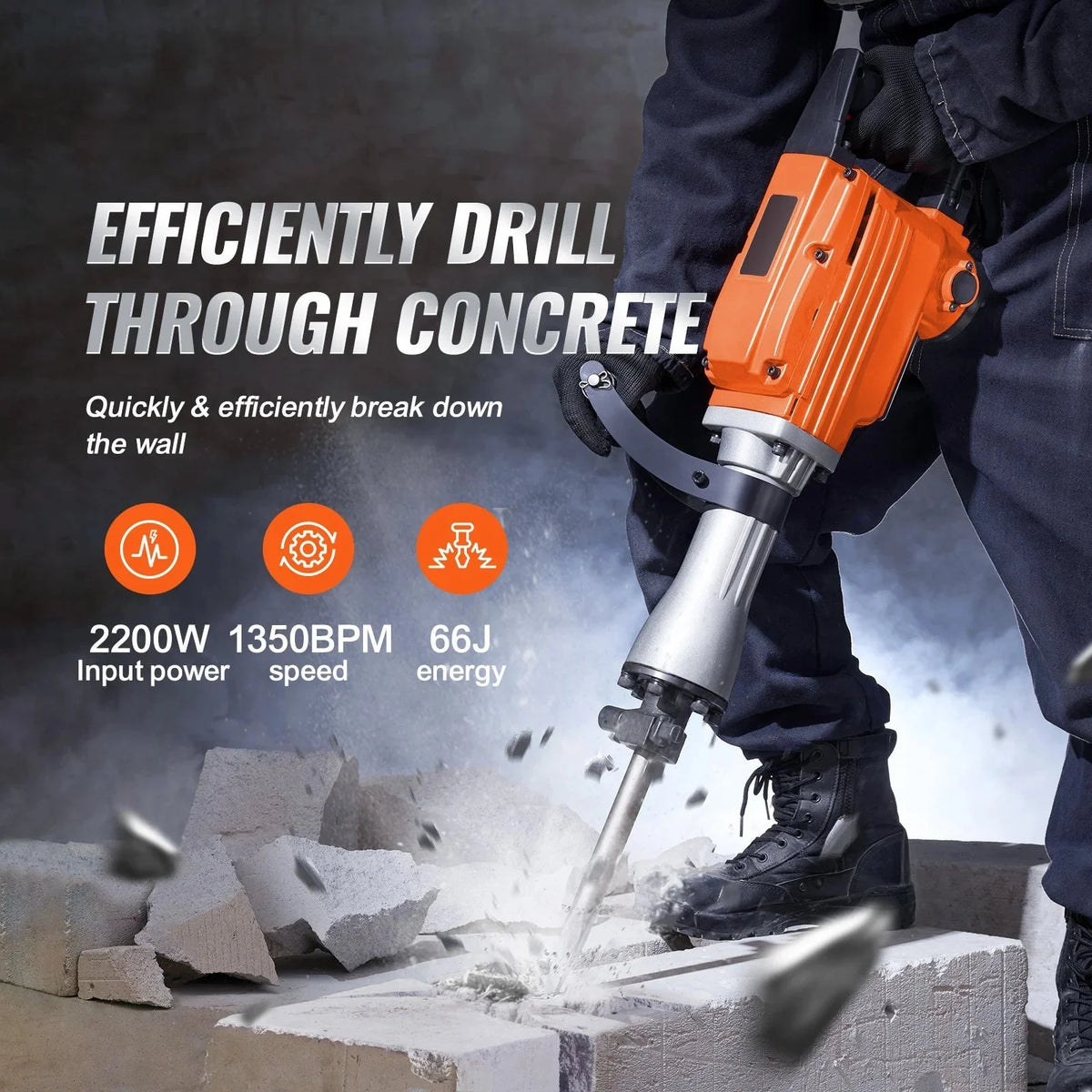 KFFKFF Demolition Jack Hammer 2200W 1400 BPM With 6 Chisel Attachments - JH-65