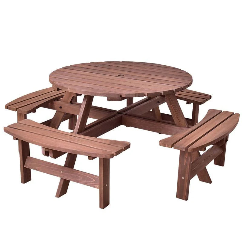 8-Person Outdoor Fir Wood Round Picnic Table Set With 4 Benches And Umbrella Hole - 70.5 x 70.5 x 27.5 in