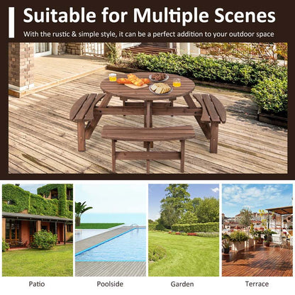 8-Person Outdoor Fir Wood Round Picnic Table Set With 4 Benches And Umbrella Hole - 70.5 x 70.5 x 27.5 in