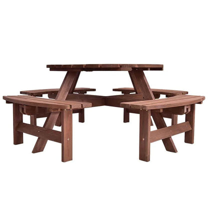 8-Person Outdoor Fir Wood Round Picnic Table Set With 4 Benches And Umbrella Hole - 70.5 x 70.5 x 27.5 in