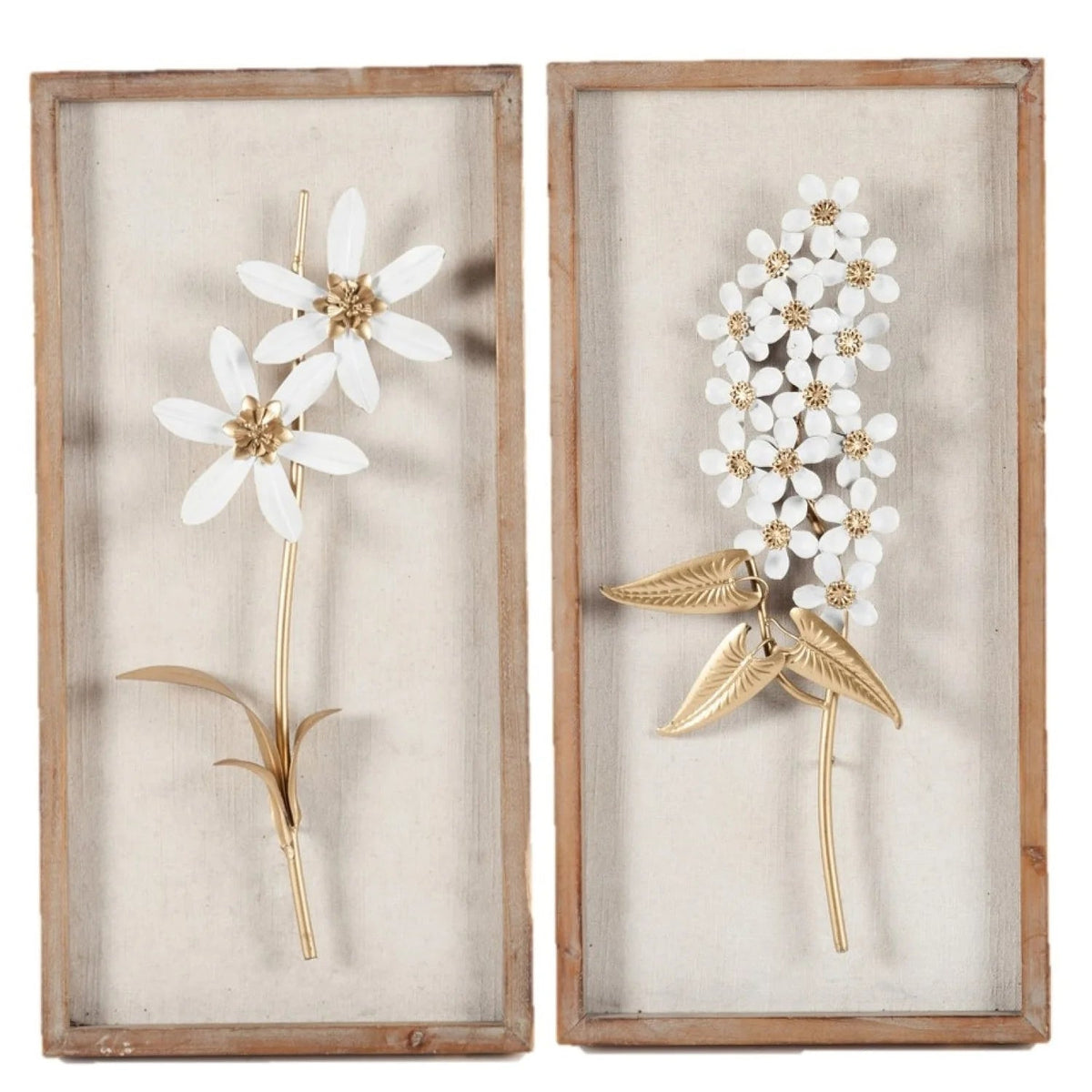 Metal Flower Wall Decor With Wood Frames, White And Gold, Set Of 2 - 23.6in H x 11.81in W x 1.2in D