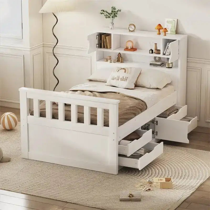 Twin/Full Captain Platform Bed With 4 Drawers And Storage Bookcase Headboard