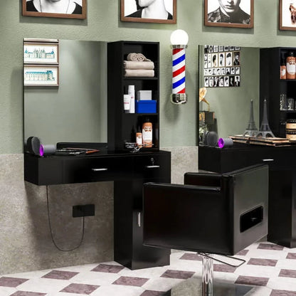 OmySalon Wall Mount Salon Station With Mirror, 1 Storage Cabinet, 2 Drawers And 3-Tier Shelf - Black