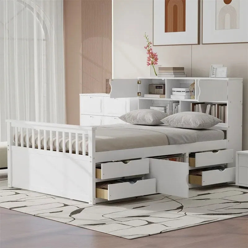 Twin/Full Captain Platform Bed With 4 Drawers And Storage Bookcase Headboard