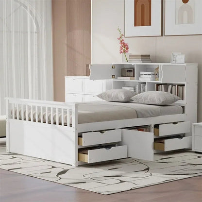 Twin/Full Captain Platform Bed With 4 Drawers And Storage Bookcase Headboard